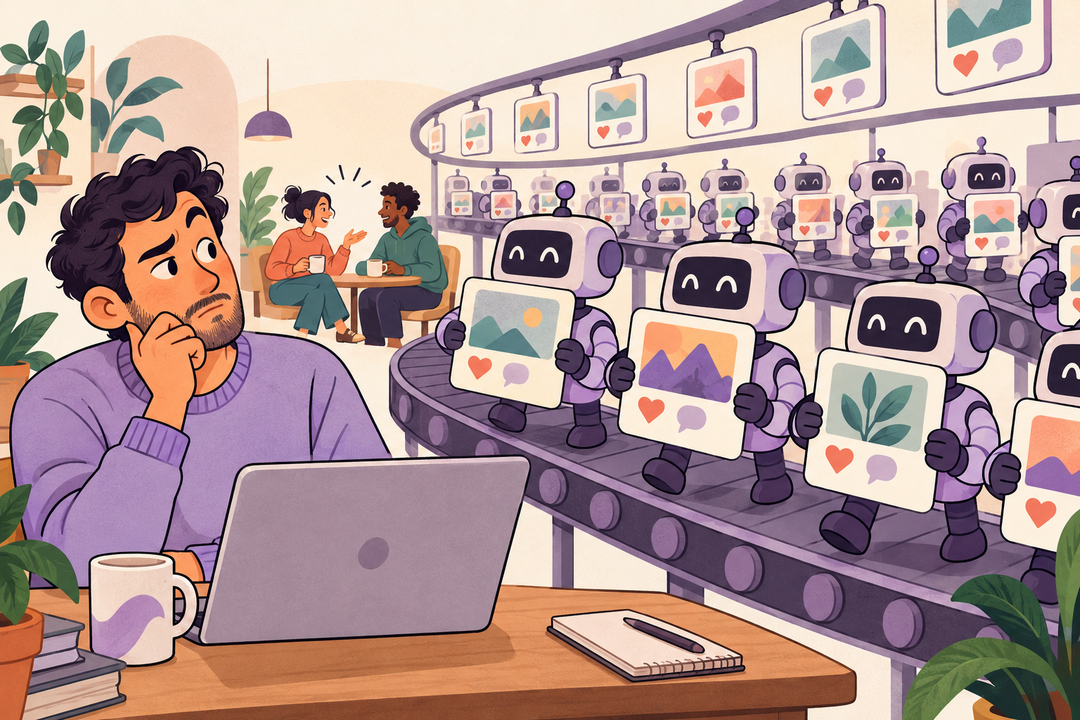 Editorial cartoon of a puzzled man at a laptop beside a conveyor belt of robots holding repetitive social-media cards, while two people talk in the background.