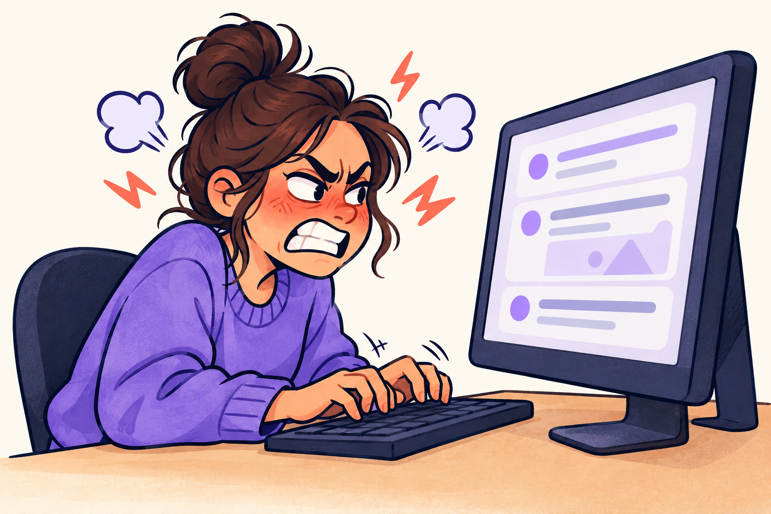 Cartoon of a frustrated person furiously typing at a computer, with flushed cheeks and steam puffing beside their head.